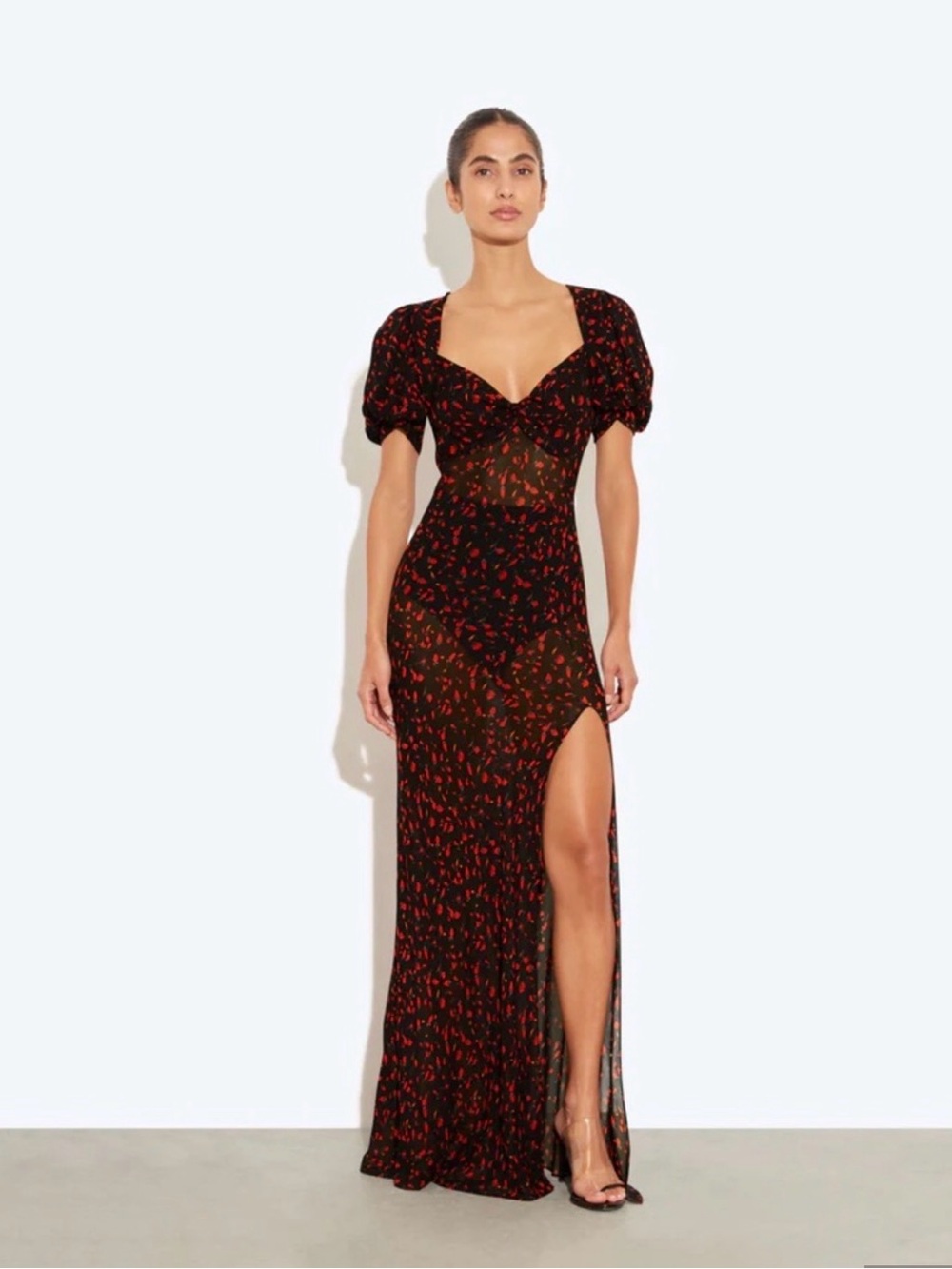 Rat & Boa Black Maxi Dress with Red Floral Print and Side Slit
